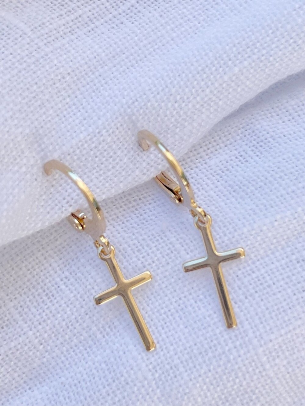 Cross Huggie Hoop Drop Earrings